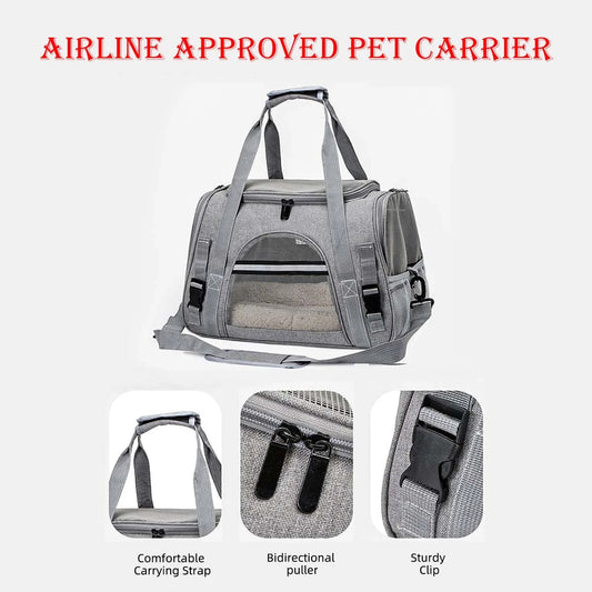 Cat Dog Carrier, Pet Carrier for Small Medium Cats Puppies up to 15 Lbs, Airline Approved Pet Carrier Bag, 5 Ventilated Windows, Adjustable Long Shoulder Strap, No Plush Pad, Gray