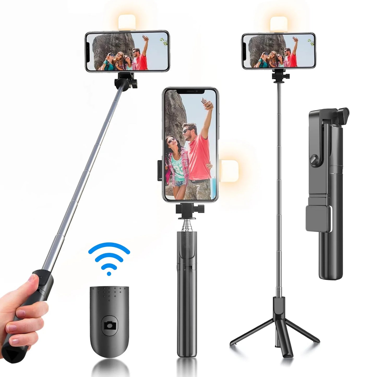 Selfie Stick, 40 in Retractable Selfie Stick Tripod with Remote, 2 Level Fill Light, Selfie Stick for Iphone Android, Black