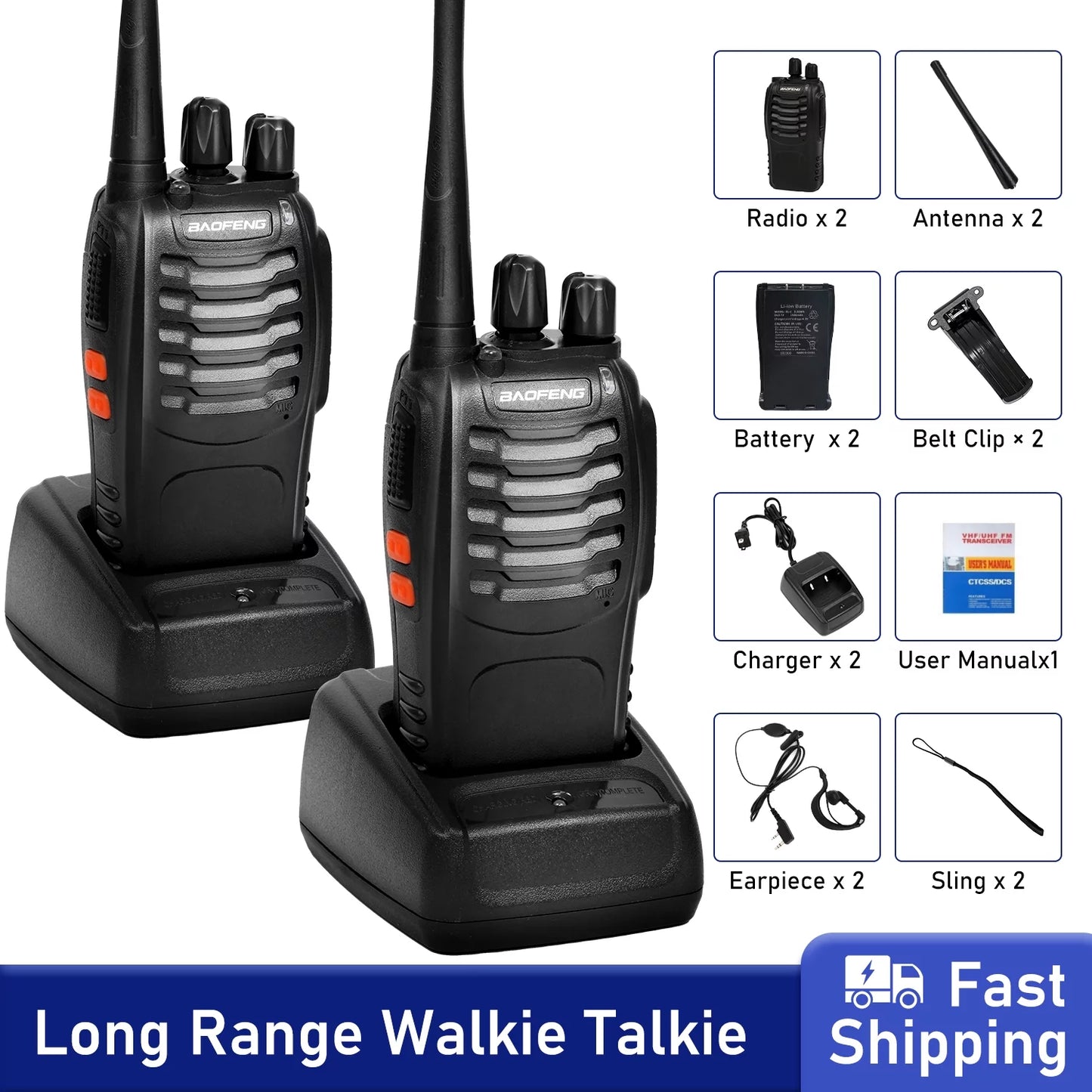 Walkie Talkies Two-Way Radios, Walkie Talkies for Adults Long Range, Rechargeable Walkie Talkie with Earpiece, LED Light 1500mAh Battery, 2 Pack Black
