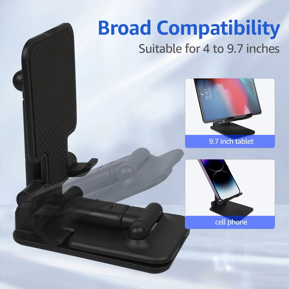 Cell Phone Stand for Desk, Dual Folding Phone Stand, Height Angle Adjustable Desktop Phone Holder, Office Desk Accessorie, Cell Phone Holder Fits All Mobile Phone, Black