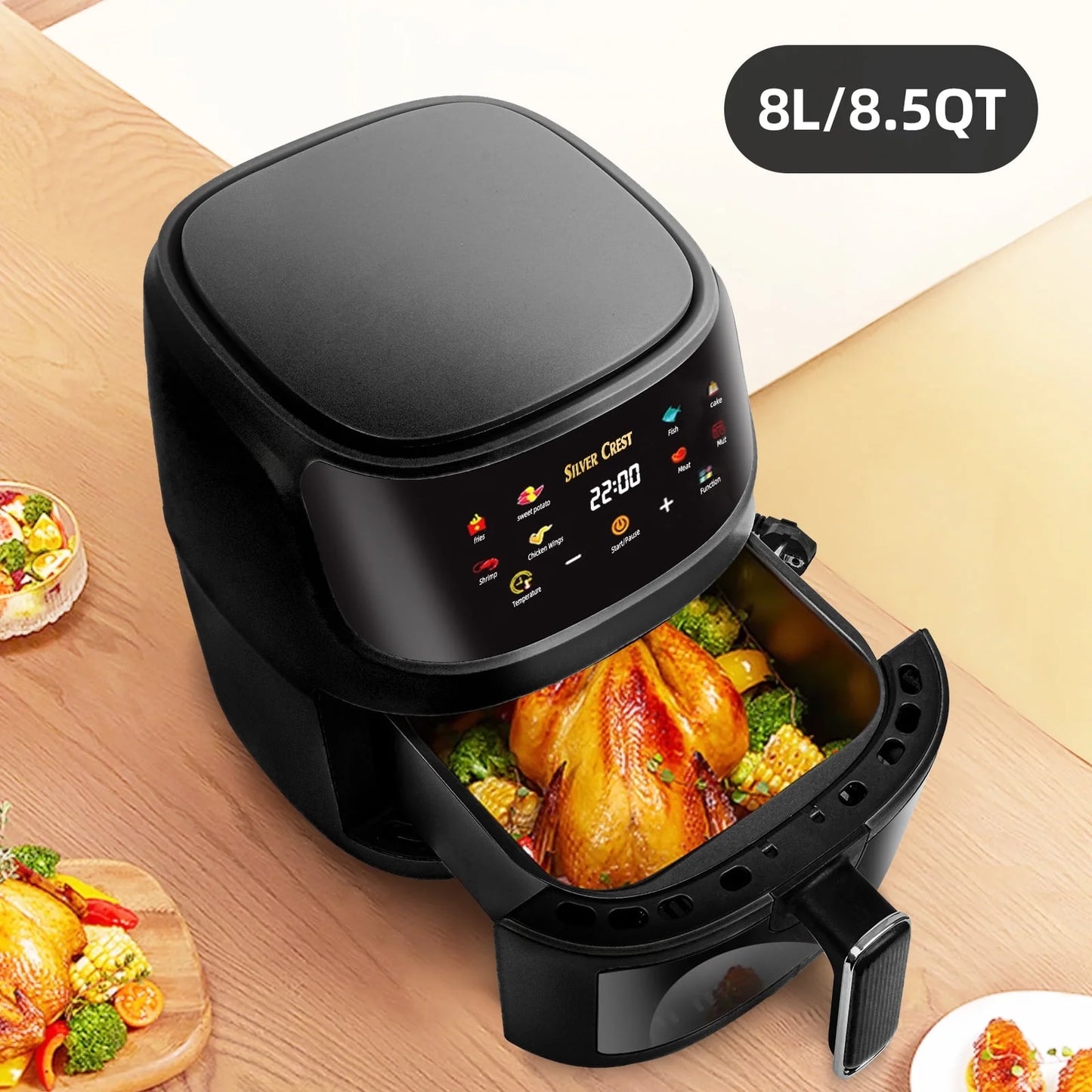 Air Fryer Oven 8.5QT, 410°F Digital One Touch Screen Airfryer, Oil-less Air Cooker that Crisps, Roasts, Reheats, Easy Meals, Nonstick and Dishwasher Safe Basket, Stainless Steel, Black